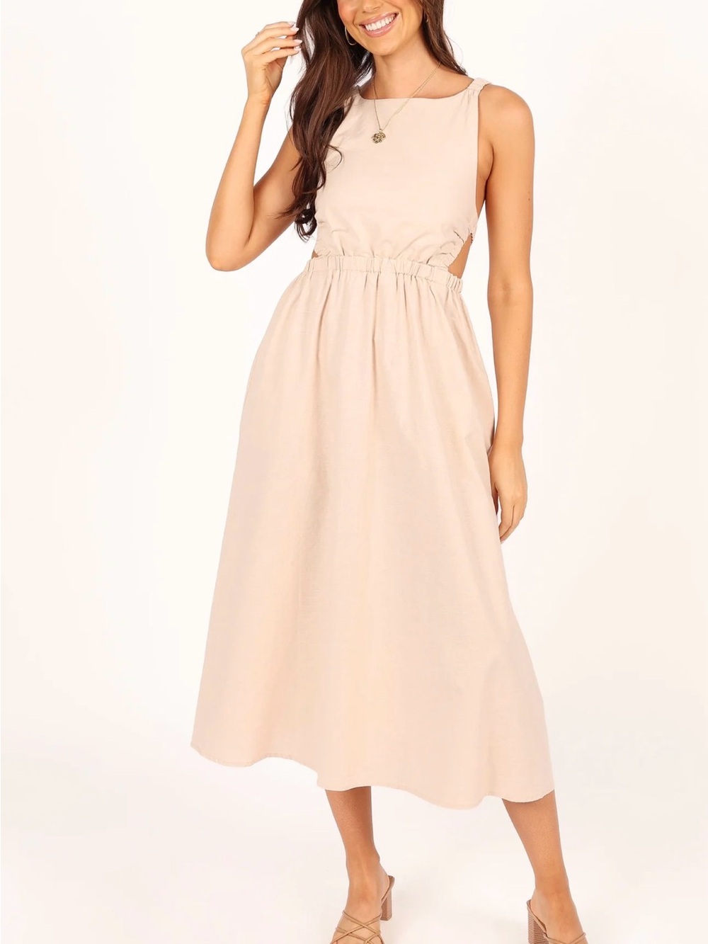 Petal & Pup Beige Linen-Blend Aubrey Cutout Pocket Midi Dress Size 8 boho - Picture 2 of 8